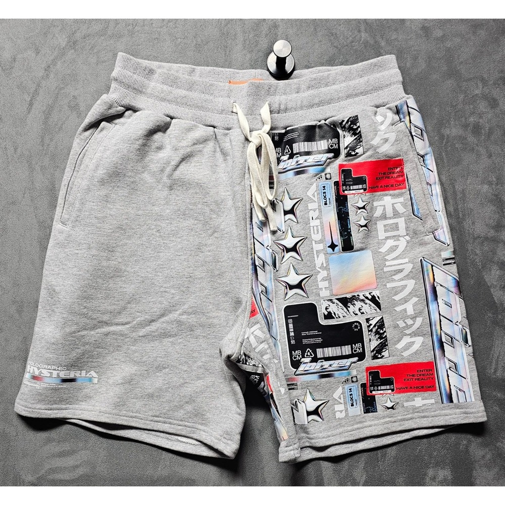 Loiter Hysteria Graphic Sweat Shorts Mens Medium Grey Y2K Cyberpunk Cotton